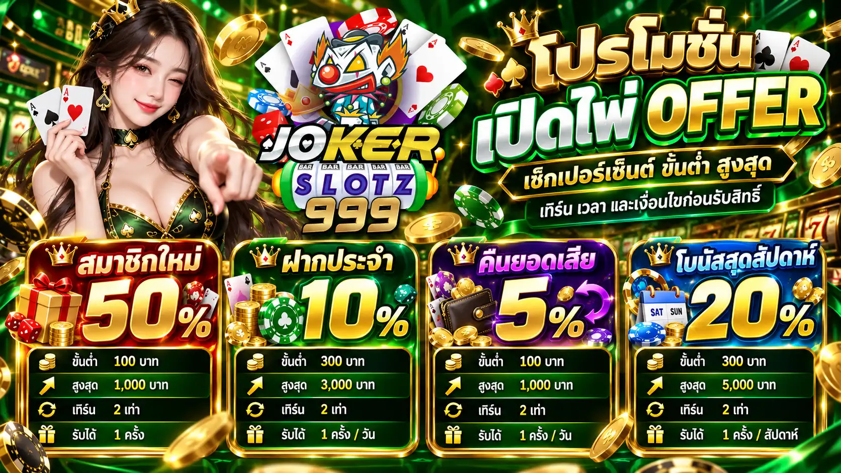 โปรโมชั่น jokerslotz สมาชิกใหม่ 50% ฝากประจำ 10% คืนยอดเสีย 5% และโบนัสสุดสัปดาห์ 20%